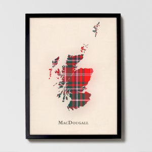 Clan MacDougall Tartan Landkarte | MacDougall of Scotland Familie Wanddekor, fertig zum Aufhängen, Leinwand, gerahmt, Karte