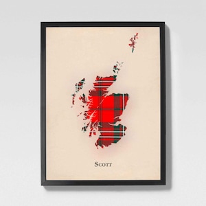 Clan Scott Red Scottish Tartan Map | Scott Red of Scotland Family Wall Decor, Ready to Hang