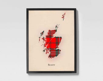 Mapa de tartán escocés del clan Scott Red / Decoración de pared familiar Scott Red de Escocia, lista para colgar