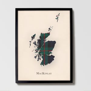 Clan MacKinlay Tartan Landkarte | MacKinlay of Scotland Familie Wanddekor, fertig zum Aufhängen, Leinwand, gerahmt, Karte