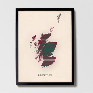 Clan Crawford Tartan Landkarte | Crawford of Scotland Familie Wanddekor, fertig zum Aufhängen, Leinwand, gerahmt, Karte
