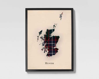 Carte écossaise de chasseur de clan | Décoration murale familiale Hunter of Scotland, prête à accrocher