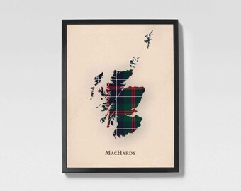 Clan MacHardy Scottish Tartan Map | MacHardy of Scotland Family Wall Decor, Ready to Hang
