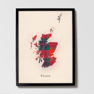 Clan Fraser Clan Schottische Tartan Karte | Fraser Clan of Scotland Familie Wanddekor, fertig zum Aufhängen, Leinwand, gerahmt, Karte