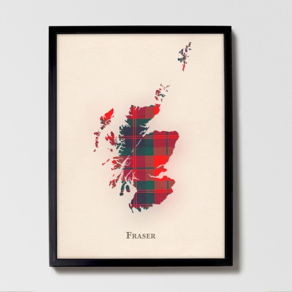 Carte du tartan écossais du clan Fraser | Fraser Clan Wall Decor, Prêt à accrocher, Toile, Encadrée, Carte conçue en Écosse