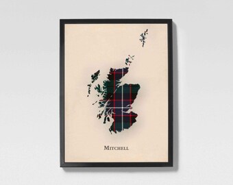 Clan Mitchell Scottish Tartan Map | Mitchell of Scotland Family Wall Decor, Ready to Hang