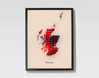 Clan Fraser Rot Schottenkaro Landkarte | Fraser Red of Scotland Familienwanddekor, fertig zum Aufhängen