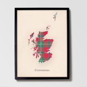 Clan Connemara Schottische Tartan Landkarte | Connemara von Scotland Familie Wanddekor, fertig zum Aufhängen, Leinwand, gerahmt, Karte