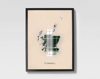 Clan Campbell Schottenkaro Landkarte | Campbell of Scotland Familie Wanddekoration, fertig zum Aufhängen