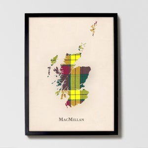 Clan MacMillan alte schottische Tartan Landkarte | MacMillan Old of Scotland Familie Wanddekor, fertig zum Aufhängen, Leinwand, gerahmt, Karte