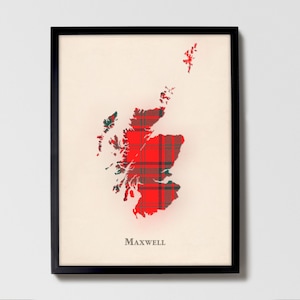 Mapa de tartán escocés del clan Maxwell / Decoración de pared de la familia Maxwell de Escocia, lista para colgar, lienzo, enmarcada, tarjeta