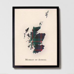 Clan Murray of Atholl Schottische Tartan Landkarte | Murray von Atholl von Schottland Familie Wanddekor, fertig zum Aufhängen, Leinwand, gerahmt, Karte