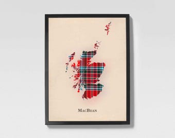 Clan MacBean Scottish Tartan Map | MacBean of Scotland Family Wall Decor, Ready to Hang