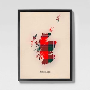 Mappa scozzese in tartan rosso del clan Sinclair / Decorazione murale della famiglia Sinclair Red of Scotland, pronta da appendere