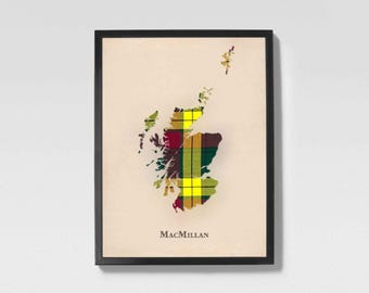 Clan MacMillan alte schottische Tartan Landkarte | MacMillan Old of Scotland Familienwanddekor, fertig zum Aufhängen