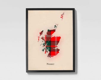 Clan Nisbet Schottische Tartan Landkarte | Nisbet of Scotland Familie Wanddekoration, fertig zum Aufhängen