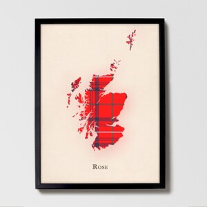 Rose Rot Schottenkaro Landkarte | Rose Red of Scotland Familie Wanddekor, fertig zum Aufhängen, Leinwand, gerahmt, Karte