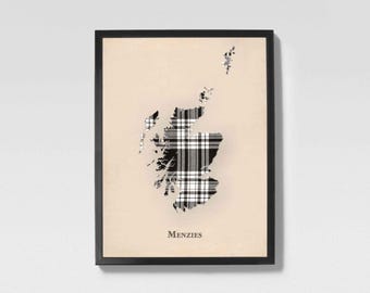 Clan Menzies Scottish Tartan Map | Menzies of Scotland Family Wall Decor, Ready to Hang
