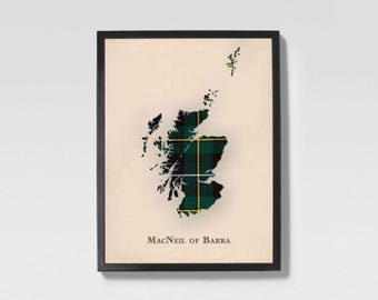 Clan MacNeil of Barra Schottische Tartan Karte | MacNeil von Barra of Scotland Familie Wanddekor, fertig zum Aufhängen