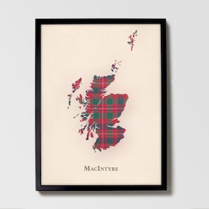 Clan MacIntyre Schottische Tartan Landkarte | MacIntyre of Scotland Familie Wanddekor, fertig zum Aufhängen, Leinwand, gerahmt, Karte