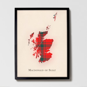 Clan Macdonald of Sleat Schottische Tartan Karte | Macdonald von Sleat of Scotland Familie Wanddekor, fertig zum Aufhängen, Leinwand, gerahmt, Karte