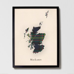 Clan MacLaren Schottische Tartan Landkarte | MacLaren of Scotland Familie Wanddekor, fertig zum Aufhängen, Leinwand, gerahmt, Karte