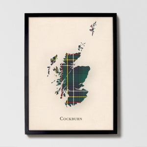 Clan Cockburn Tartan Landkarte | Cockburn of Scotland Familie Wanddekor, fertig zum Aufhängen, Leinwand, gerahmt, Karte