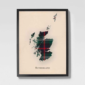 Clan Sutherland Old Scottish Tartan Map | Sutherland Old of Scotland Family Wall Decor, Ready to Hang