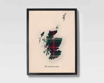Clan Sutherland Old Scottish Tartan Map | Sutherland Old of Scotland Family Wall Decor, Ready to Hang