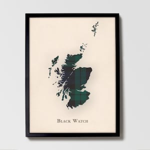 Clan Black Watch Schottische Tartan-Karte | Schwarze Uhr von Schottland Familie Wanddekor, fertig zum Aufhängen, Leinwand, gerahmt, Karte