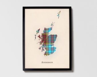 Clan Anderson Scottish Tartan Map | Anderson of Scotland Family Wall Decor, Ready to Hang, Canvas, Framed, Card