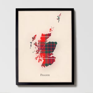 Clan Fraser rode Schotse tartankaart | Fraser Red of Scotland familie muurdecoratie, klaar om op te hangen, canvas, ingelijst, kaart