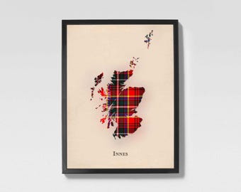 Clan Innes Rot Schottenkaro Landkarte | Innes Red of Scotland Familien-Wanddekor, fertig zum Aufhängen