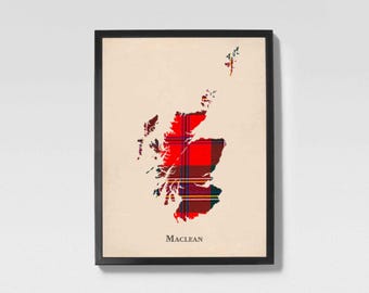 Mapa del Clan MacLean de Duart con tartán escocés / Decoración de pared de la familia MacLean de Escocia, lista para colgar