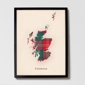 Clan Chisholm Rot Schottenkaro Landkarte | Chisholm Red of Scotland Familie Wanddekor, fertig zum Aufhängen, Leinwand, gerahmt, Karte