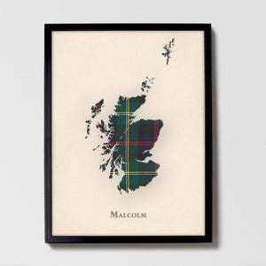 Mapa de Tartan Escocês do Clã Malcolm | Decoração de Parede da Família Malcolm da Escócia, Pronto para Pendurar, Tela, Emoldurado, Cartão