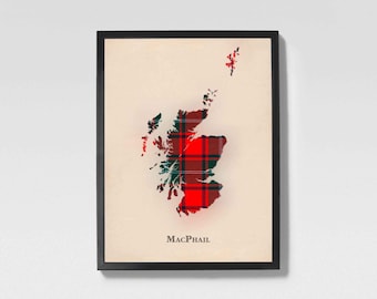 Clan MacPhail Red Scottish Tartan Map | MacPhail Red of Scotland Family Wall Decor, Ready to Hang