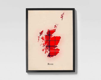 Mappa scozzese in tartan rosso Clan Rose / Decorazione murale per la famiglia della Scozia, pronta da appendere