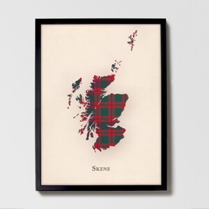 Clan Skene Schottische Tartan Landkarte | Skene of Scotland Familie Wanddekor, fertig zum Aufhängen, Leinwand, gerahmt, Karte