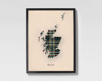 Mapa de tartán escocés del clan Scott Green / Decoración de pared familiar Scott Green de Escocia, lista para colgar