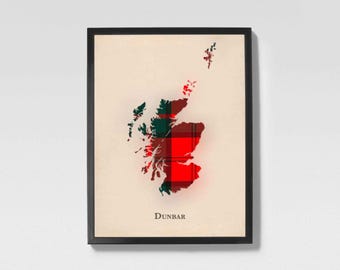 Clan Dunbar Scottish Tartan Map | Dunbar of Scotland Family Wall Decor, Ready to Hang