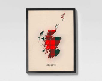 Mapa de tartã escocês do clã Erskine | Decoração de parede da família Erskine da Escócia, pronta para pendurar