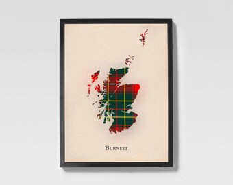 Clan Burnett Scottish Tartan Map | Burnett of Scotland Family Wall Decor, Ready to Hang