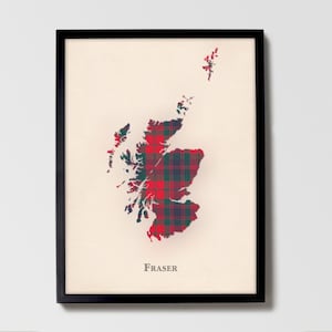 Clan Fraser Alte Schottische Tartan Landkarte | Fraser Old of Scotland Familien-Wanddekor, fertig zum Aufhängen, Leinwand, gerahmt, Karte