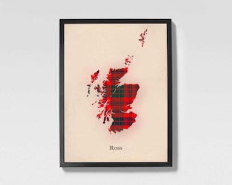 Clan Ross Red Scottish Tartan Map | Ross Red of Scotland Family Wall Decor, Ready to Hang