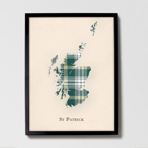 Clan St Patrick Scottish Tartan Map | St Patrick of Scotland Family Wall Decor, Ready to Hang, Canvas, Framed, Card