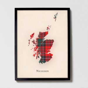 Clan Ricolson Schottenkaro Landkarte | Nicolaus von Scotland Familie Wanddekor, fertig zum Aufhängen, Leinwand, gerahmt, Karte