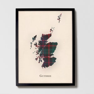Clan Guthrie Schottische Tartan Landkarte | Guthrie of Scotland Familie Wanddekor, fertig zum Aufhängen, Leinwand, gerahmt, Karte