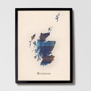 Clan Buchanan Blau Schottenkaro Landkarte | Buchanan Blue of Scotland Familie Wanddekor, fertig zum Aufhängen, Leinwand, gerahmt, Karte