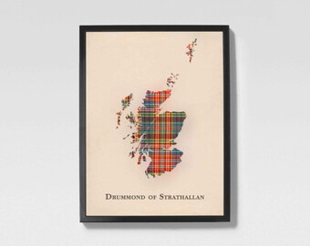 Mappa scozzese in tartan del clan Drummond di Strathallan / Decorazione murale della famiglia Drummond di Strathallan della Scozia, tela in scatola dalla Scozia